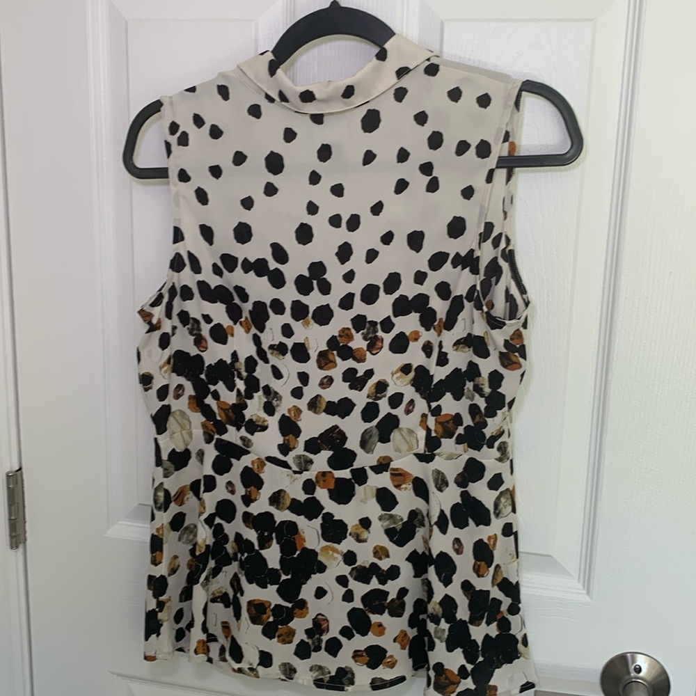 CAbi Sleeveless Collared Blouse in Cream with Black and Mustard Spot Print - Picture 3 of 6